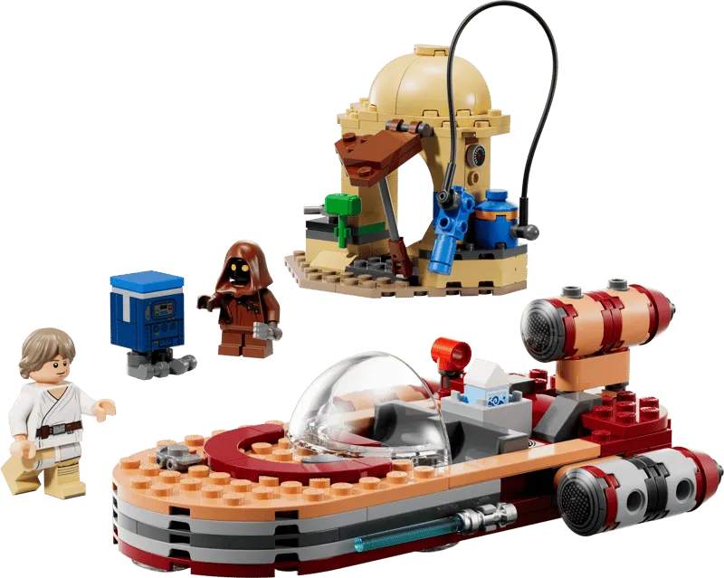 The fully assembled LEGO Star Wars: Luke's Landspeeder 75420 set without the packaging, displaying the X-34 Landspeeder, Luke Skywalker, a Jawa, a GNK power droid, and the moisture vaporator with a small workstation.