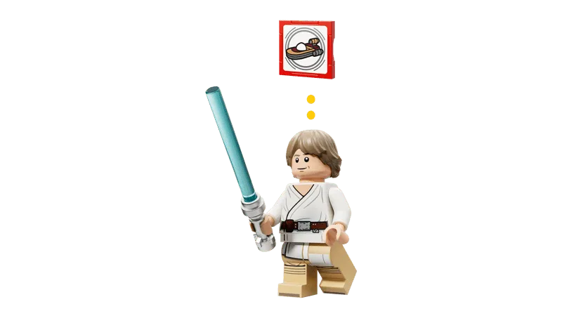 Close-up of the LEGO Luke Skywalker minifigure holding a blue lightsaber, with a thought bubble above his head showing a printed tile depicting a food dish or part of a speeder engine.