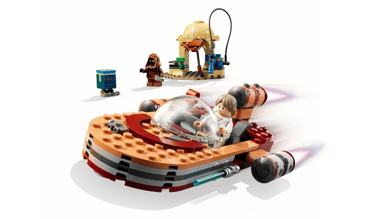 LEGO Luke Skywalker minifigure piloting the X-34 Landspeeder, depicted with motion blur to show speed and action, against a white background.