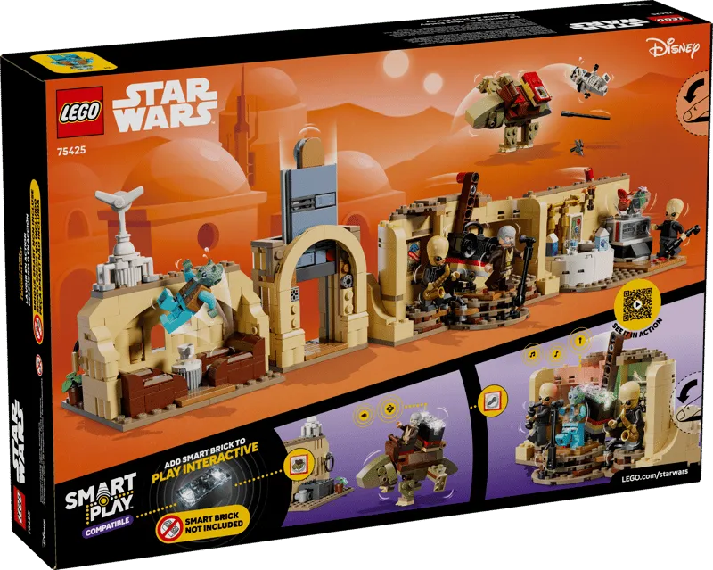 Back of the Lego SMART Play Mos Eisley Cantina 75425 box, showcasing play features, modular design, and 'Smart Play Compatible' details with a QR code.