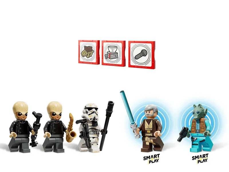 All main Lego minifigures from the Mos Eisley Cantina 75425 set: Sandtrooper, two Modal Nodes, Obi-Wan Kenobi, and Greedo, with 'Smart Play' indicators for Obi-Wan and Greedo.