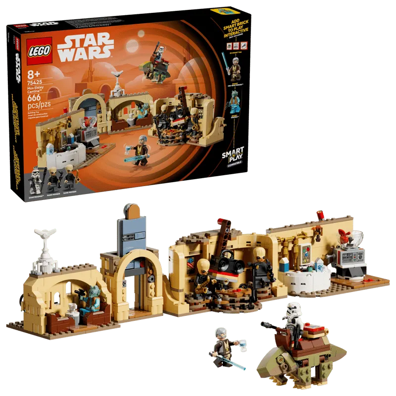 The Lego SMART Play Mos Eisley Cantina 75425 box shown alongside the fully assembled building set, minifigures, and creature.