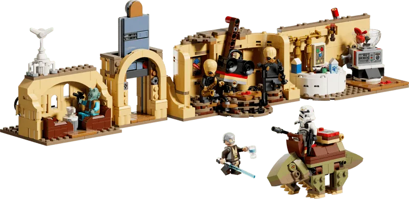 The fully assembled Lego SMART Play Mos Eisley Cantina 75425 set, showcasing its modular design, interior details, and various minifigures and vehicles.