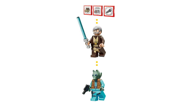 Close-up of Lego minifigures Obi-Wan Kenobi and Greedo, with 'Smart Play' interactive icons above Obi-Wan.
