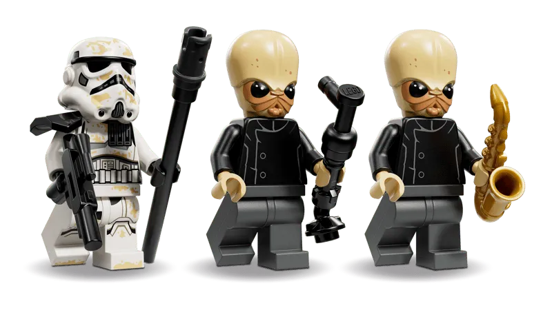 Close-up of Lego minifigures: a Sandtrooper with a staff and two Modal Nodes (Cantina Band members) with musical instruments.