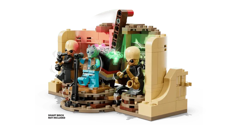 Detailed view of the Lego Mos Eisley Cantina band stage with Greedo and two Modal Nodes, showing implied light and sound effects. A 'SMART BRICK NOT INCLUDED' disclaimer is visible.