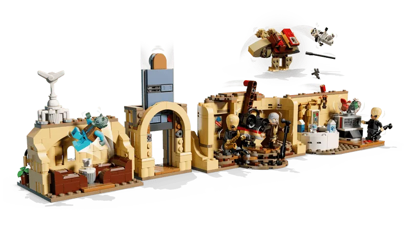 The entire modular Lego SMART Play Mos Eisley Cantina 75425 set with a small speeder breaking apart in the background, simulating an explosion.