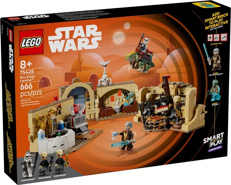 Front of the Lego SMART Play Mos Eisley Cantina 75425 box, displaying the full set, minifigures, and 'Smart Play Compatible' branding.