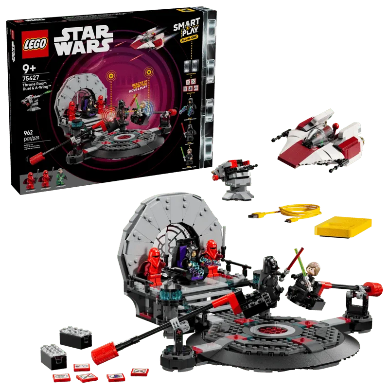 The complete LEGO Star Wars 75427 Throne Room Duel & A-Wing™ set components laid out: Throne Room, A-Wing fighter, ground turret, Smart Brick charger, and several minifigures including Luke, Vader, Palpatine, Royal Guards, and an A-Wing pilot.