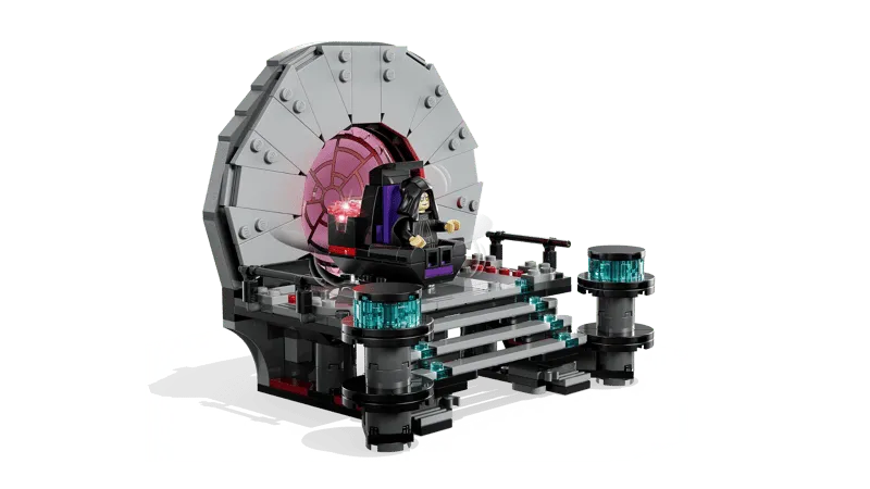 Detailed view of the LEGO Star Wars 75427 Emperor Palpatine's Throne Room section, featuring the Emperor seated in his rotating throne, flanked by two Imperial Royal Guards.