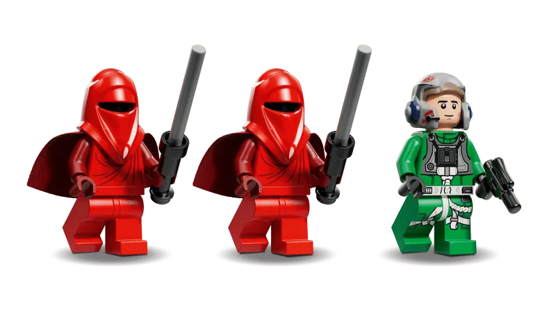 Three LEGO Star Wars 75427 minifigures: two Imperial Royal Guards in red robes holding pikes, and an A-Wing pilot in a green flight suit with a blaster.