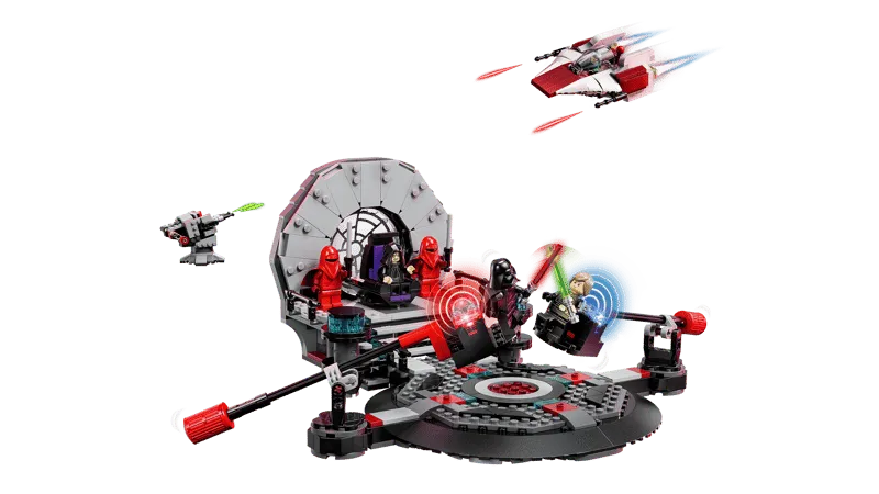Dynamic overall view of the LEGO Star Wars 75427 set in action, showing the Throne Room duel with glowing Smart Play indicators, the A-Wing flying, and the ground turret firing.