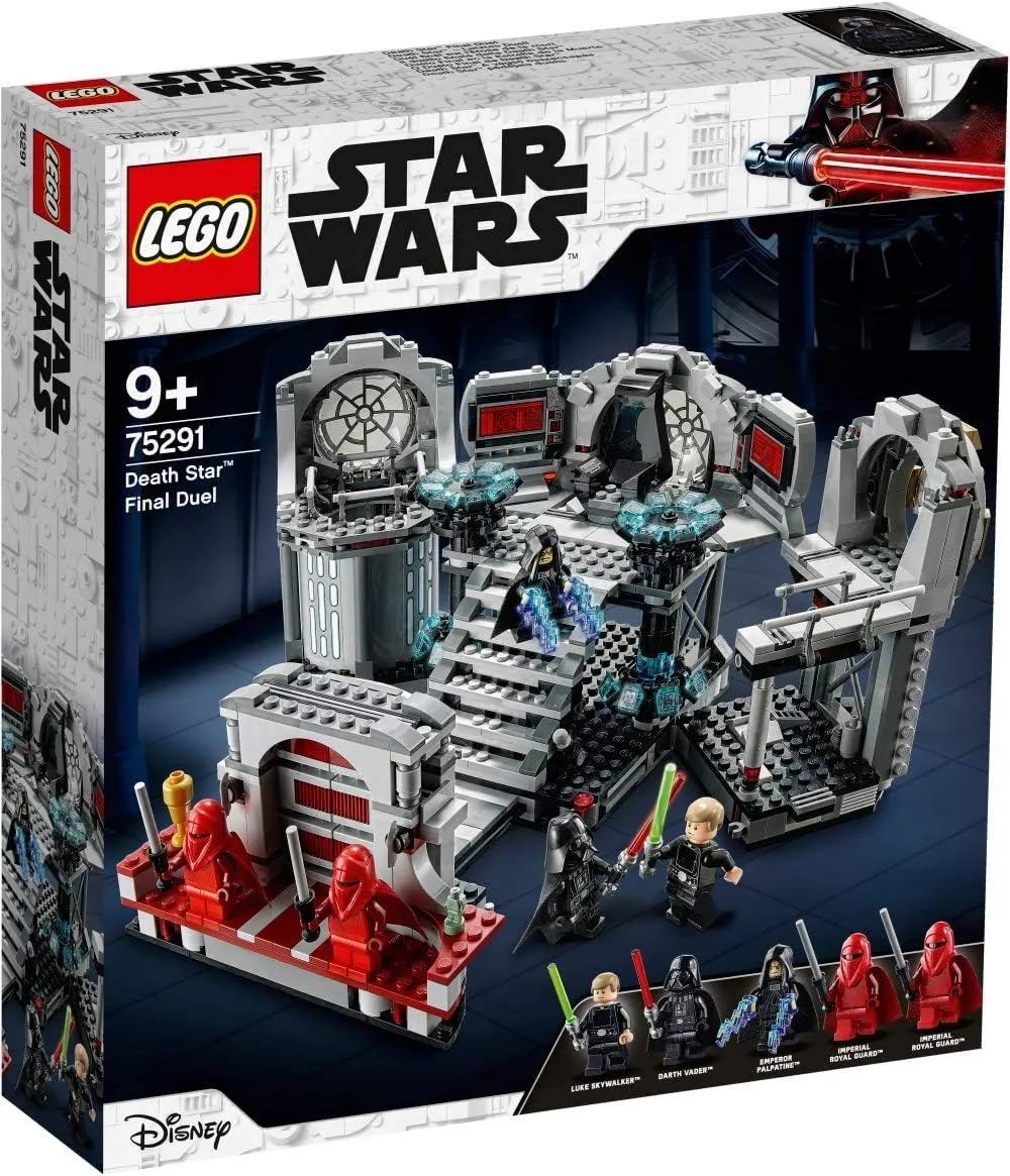 Front of the LEGO Star Wars 75291 Death Star Final Duel box, showcasing the battle between Luke Skywalker and Darth Vader, with Emperor Palpatine overseeing.