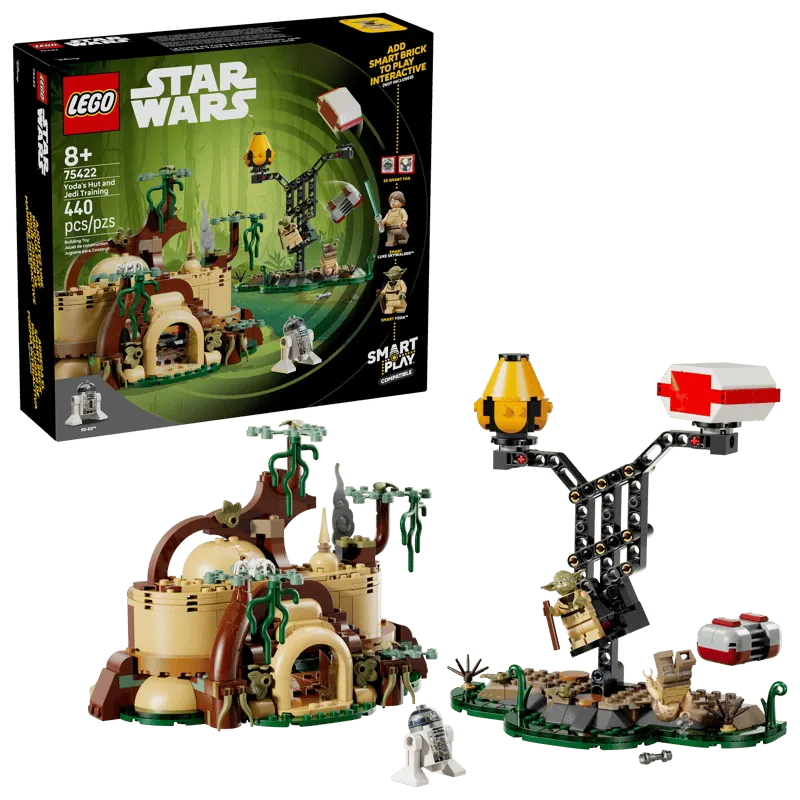 Lego SMART Play™: Yoda's Hut and Jedi Training 75422 box art alongside the built model components: Yoda's hut, the training structure, R2-D2, Luke, and Yoda minifigures.