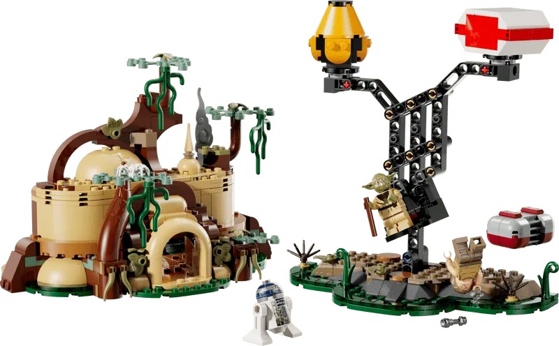 The built Lego SMART Play™: Yoda's Hut and Jedi Training 75422 set, featuring the detailed hut, the Jedi training apparatus with Yoda, and R2-D2.