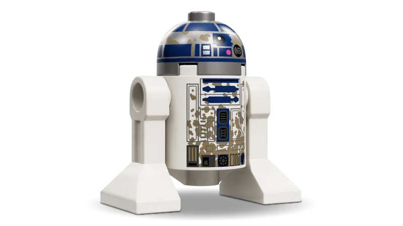 Close-up of the R2-D2 minifigure from the Lego SMART Play™: Yoda's Hut and Jedi Training 75422 set, showing its unique swamp-weathered details.