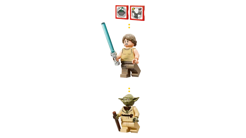 Close-up of the Luke Skywalker and Yoda minifigures from the Lego SMART Play™: Yoda's Hut and Jedi Training 75422 set, with Smart Tags displayed above them.