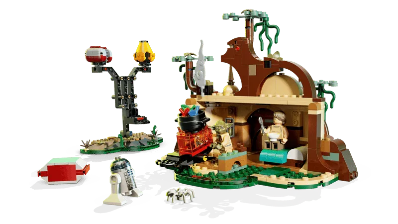 Interior view of Yoda's hut and the Jedi training area from the Lego SMART Play™: Yoda's Hut and Jedi Training 75422 set, showing minifigures in action.