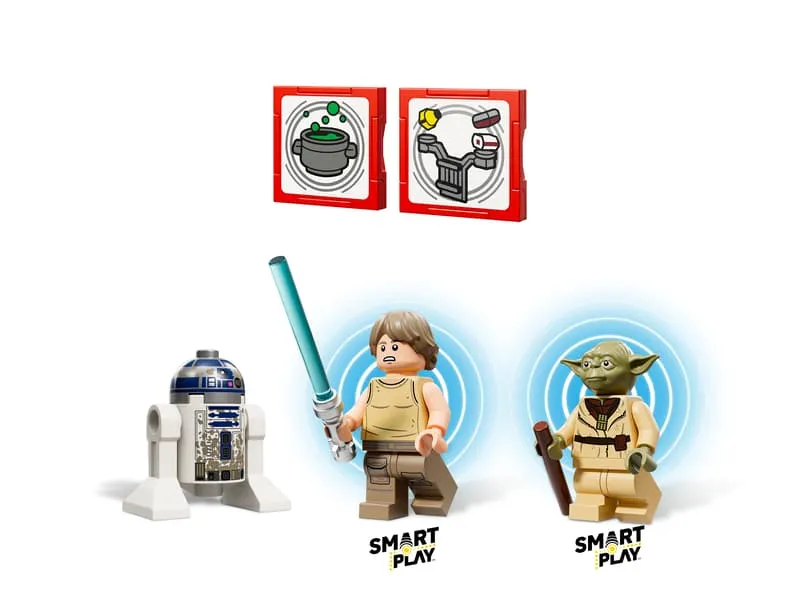 All three minifigures (R2-D2, Luke Skywalker, Yoda) from the Lego SMART Play™: Yoda's Hut and Jedi Training 75422 set, along with two Smart Play tags.