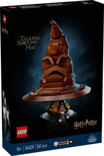 Front view of the LEGO Harry Potter Talking Sorting Hat set box, displaying the finished model and set details.
