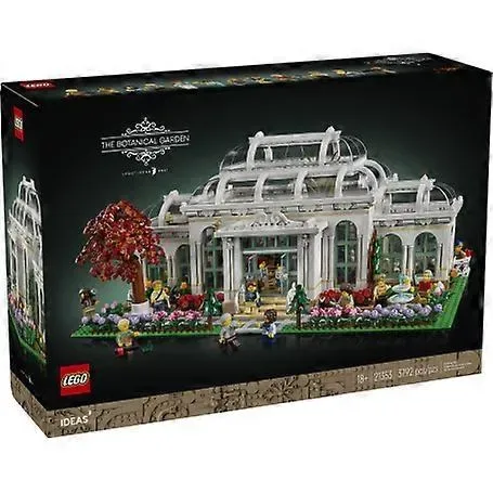 Front view of the Lego The Botanical Garden 21353 box, showing the grand Victorian greenhouse build on a black background.