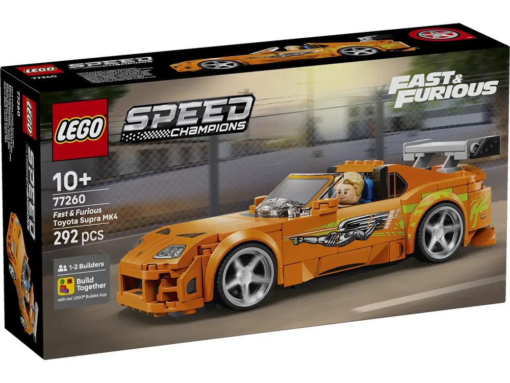 Front view of the Lego The Fast and The Furious Toyota Supra MK4 77260 box, showing the orange car, Brian O'Conner minifigure, and brand logos.