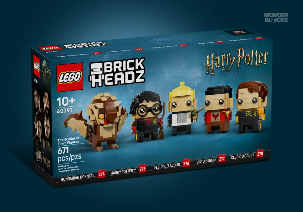 Front view of the LEGO BrickHeadz 40791 The Goblet of Fire Figures box, showcasing Harry Potter, Fleur Delacour, Viktor Krum, Cedric Diggory, and the Hungarian Horntail.