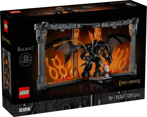 The front of the LEGO box for The Lord of the Rings: Balrog Book Nook set, showing the Balrog and Gandalf inside a book-like frame, surrounded by fiery elements.