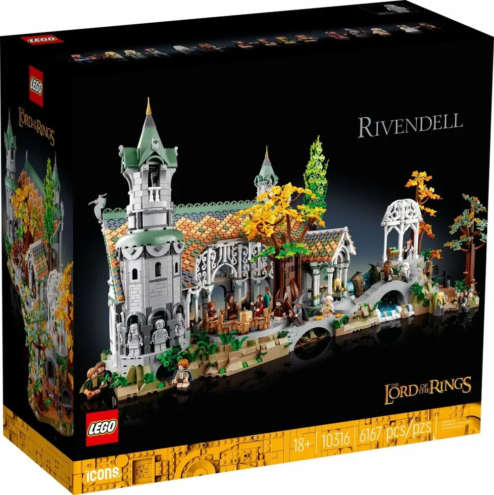 The Lord of the Rings Rivendell LEGO set box, showing the full model assembled, with a black background and golden detailing.
