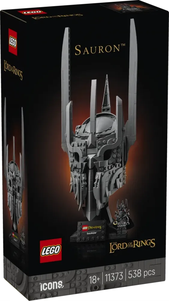 Front view of the LEGO Lord of the Rings Sauron's Helmet box, showing the grey helmet model and a small Sauron minifigure.