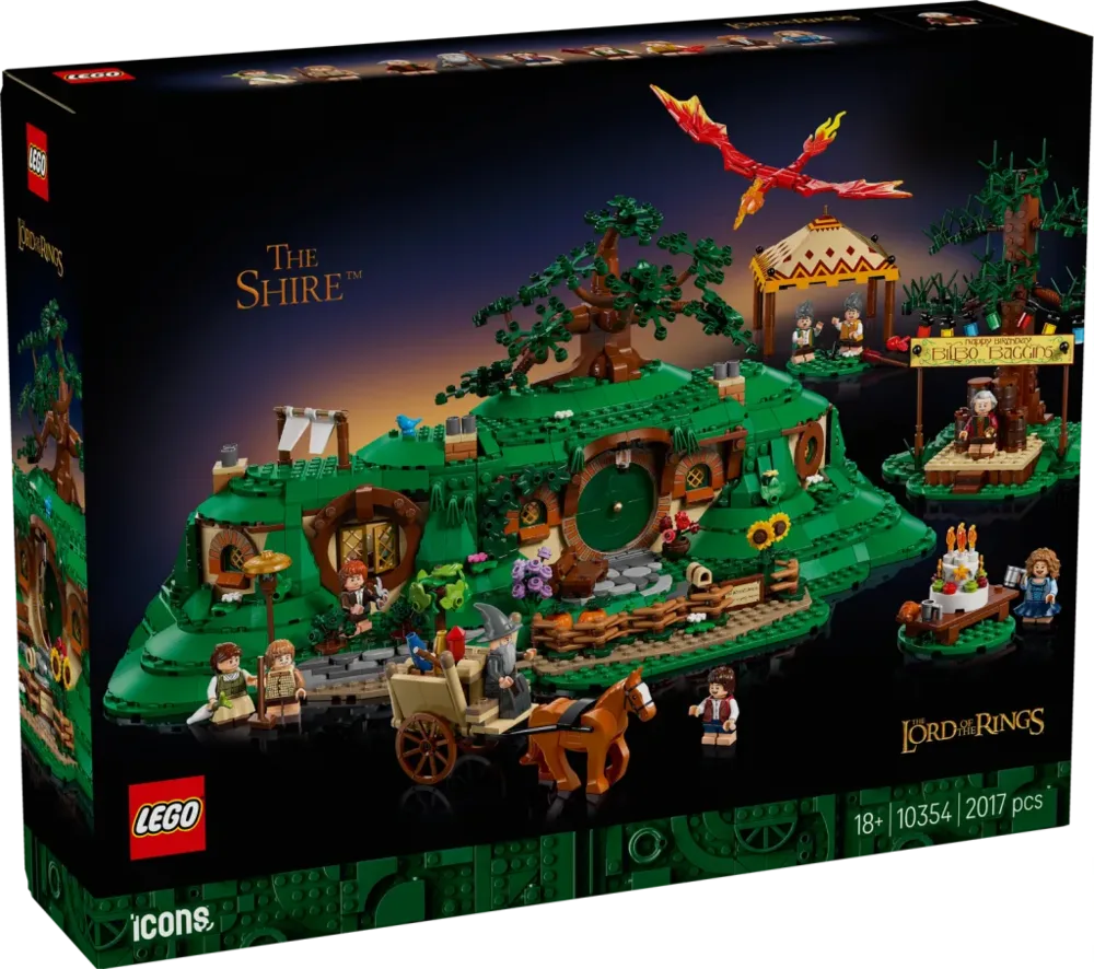 The Lord of the Rings: The Shire™ Lego set box art featuring Bag End, the Party Tree, and hobbit party elements.