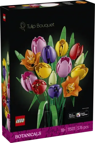 Front view of the LEGO Tulip Bouquet 11501 box, displaying a vibrant arrangement of colorful LEGO tulips against a dark background, with the LEGO Botanicals branding.