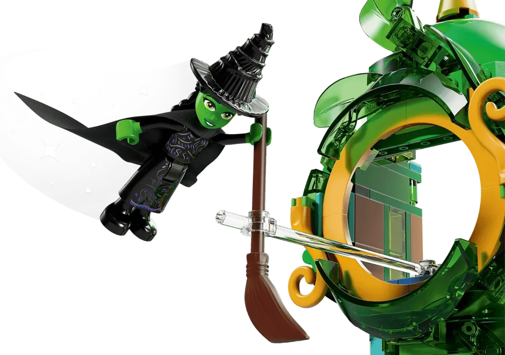 Lego Elphaba minifigure flying on broom.