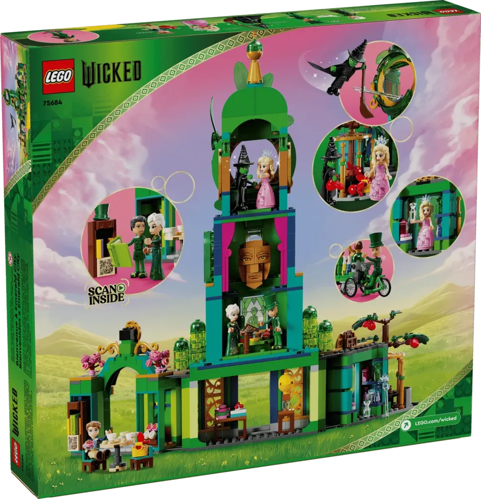 Back of the Lego Welcome to Emerald City 75684 box showcasing various play features, minifigures, and interior details of the green tower and surrounding buildings against a whimsical pink and green sky background.
