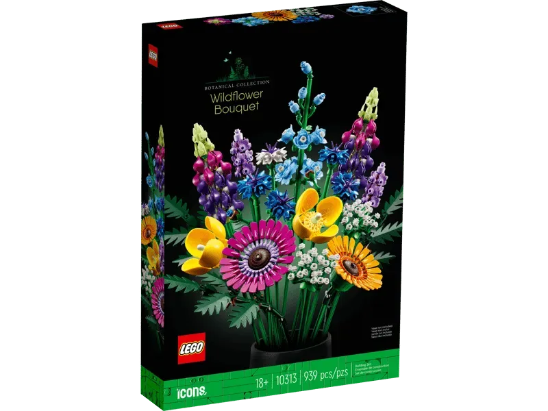 LEGO Botanical Collection Wildflower Bouquet (10313) set box, angled view showing a vibrant brick-built bouquet against a black background.