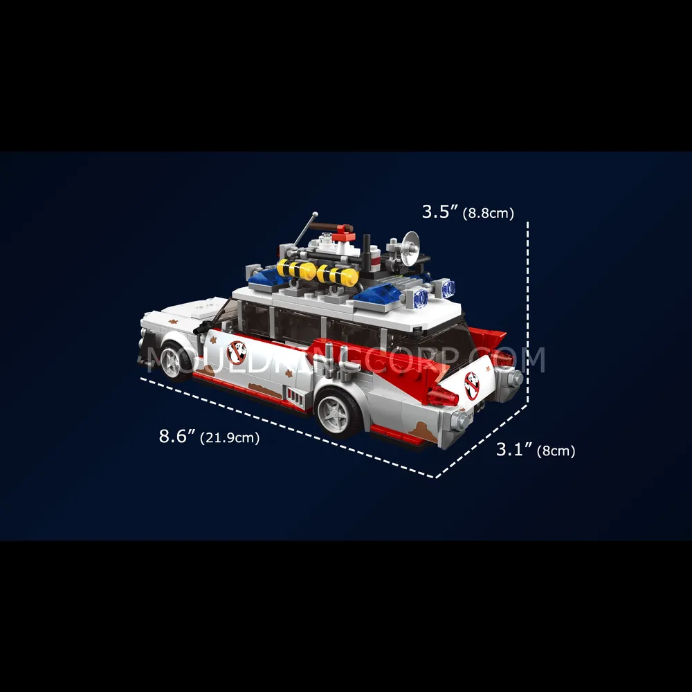 Brick Ghostbusters Ecto-1 car with dimensions.