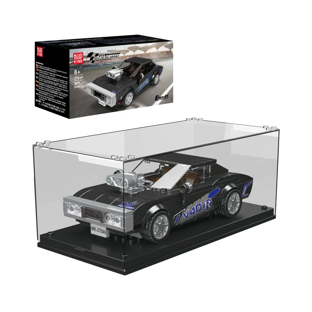 Mould King Charger RT NARC Car 27049 model displayed in a clear acrylic case with its product box in the background.