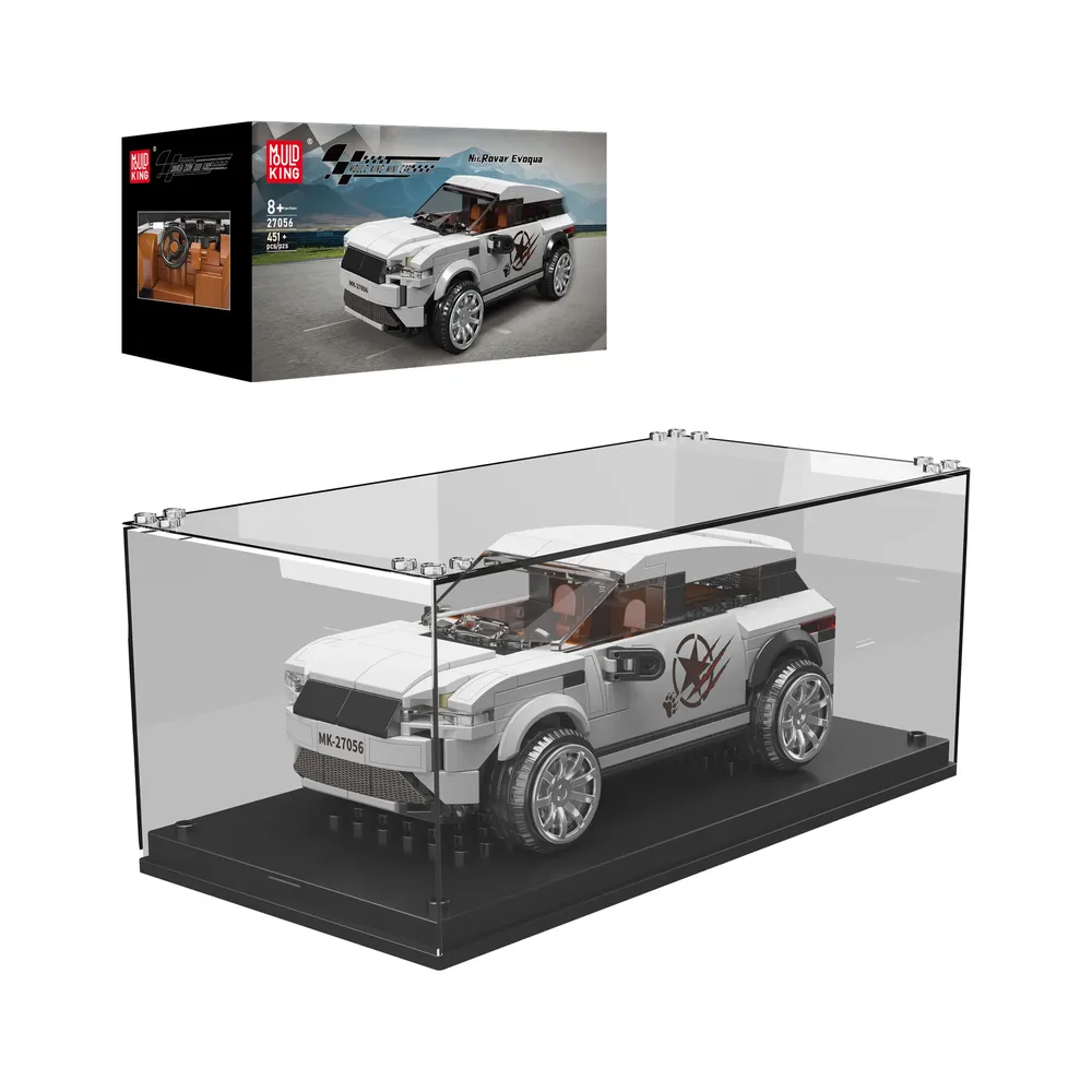 Mould King Evoque SUV Car 27056 displayed in a clear case with its product box in the background, showcasing the white brick-built model.