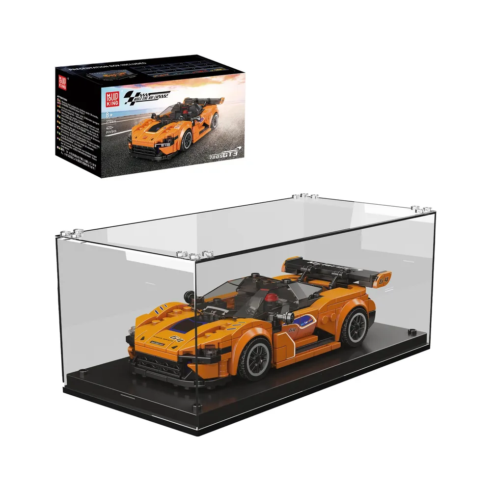 Mould King 720S GT3 Sports Car 27064 in a display case with its box