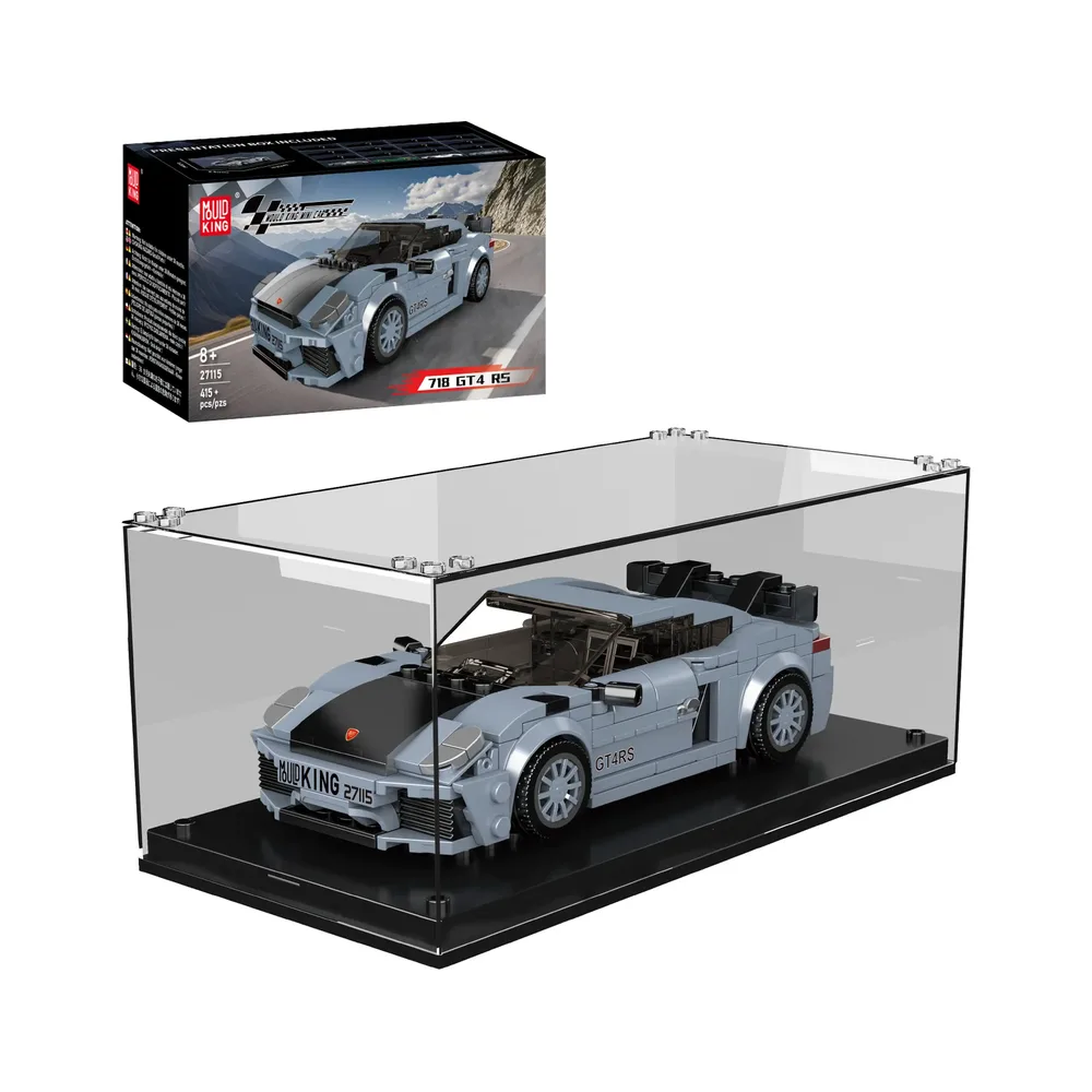 Mould King 718 GT4 RS Car Model 27115 displayed in a clear acrylic case, with its packaging box shown above it.