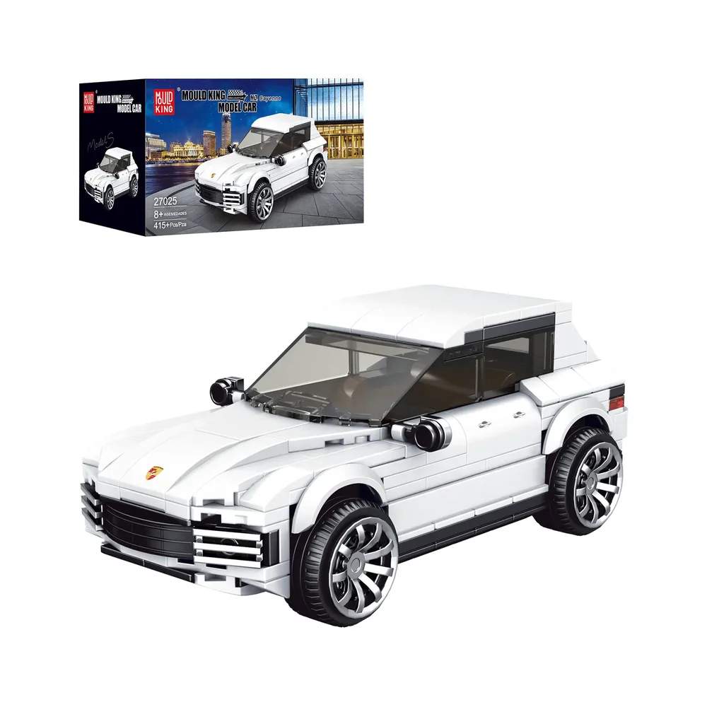 Front view of the Mould King Cayenne Car Model 27025 construction set with its retail box in the background, showcasing the white vehicle.