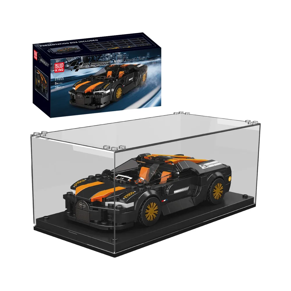Mould King Chiron 300+ Supercar 27055 displayed in an acrylic case with its presentation box.