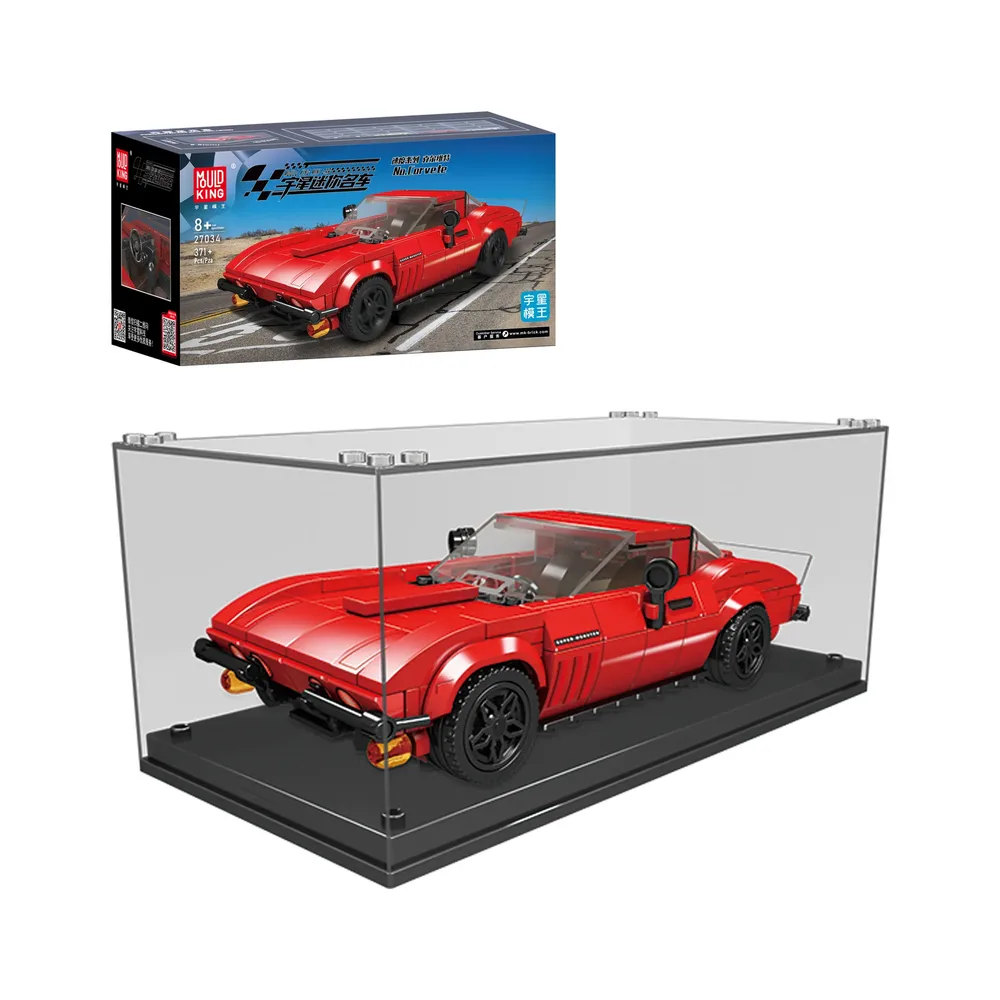 Mould King Corvette Sports Car Model 27034 shown in its packaging alongside the assembled model displayed within a clear acrylic case on a white background.