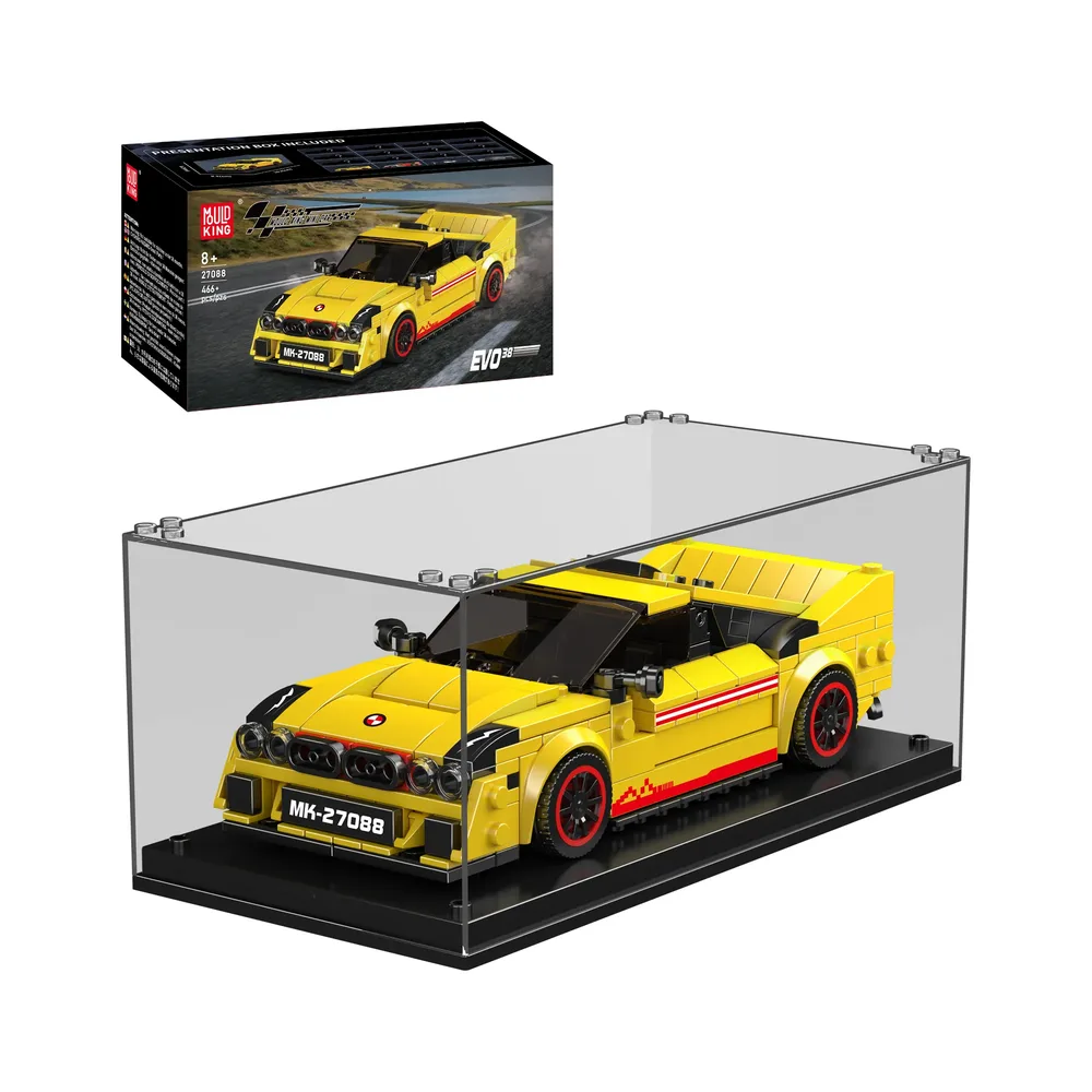 Yellow brick rally car in display case