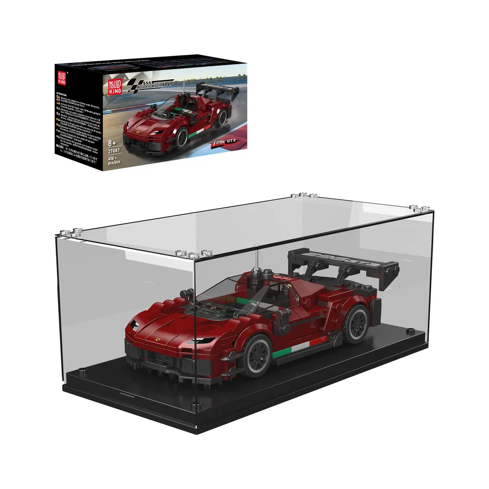 Mould King F296 GT3 Supercar Model 27087 with its product box and displayed inside a clear protective case.