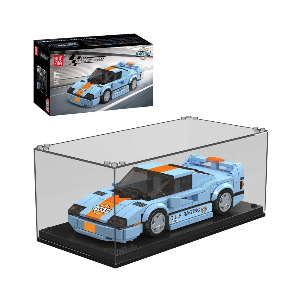 Mould King F40 LM Model Car 27077 in a clear display case with its product box in the background.