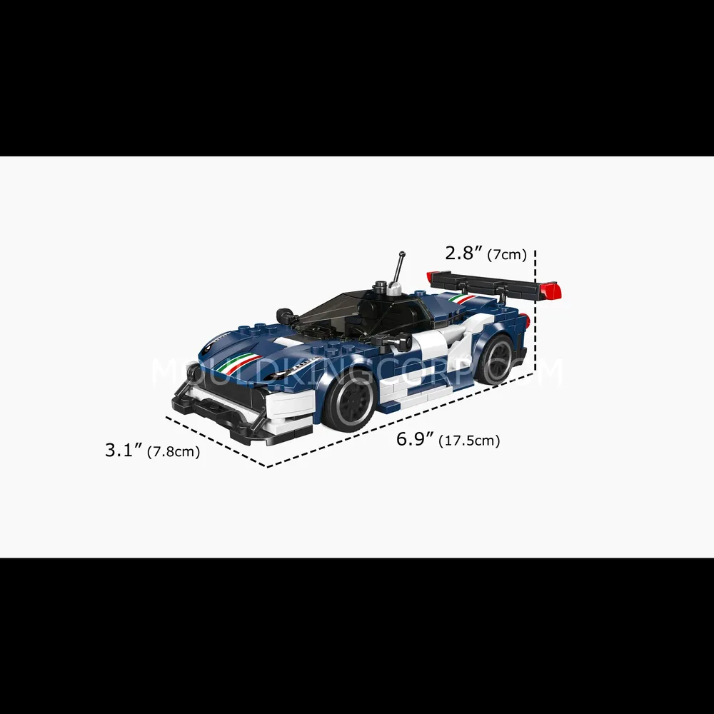 Blue and white brick-built supercar with overlaid dimension labels.