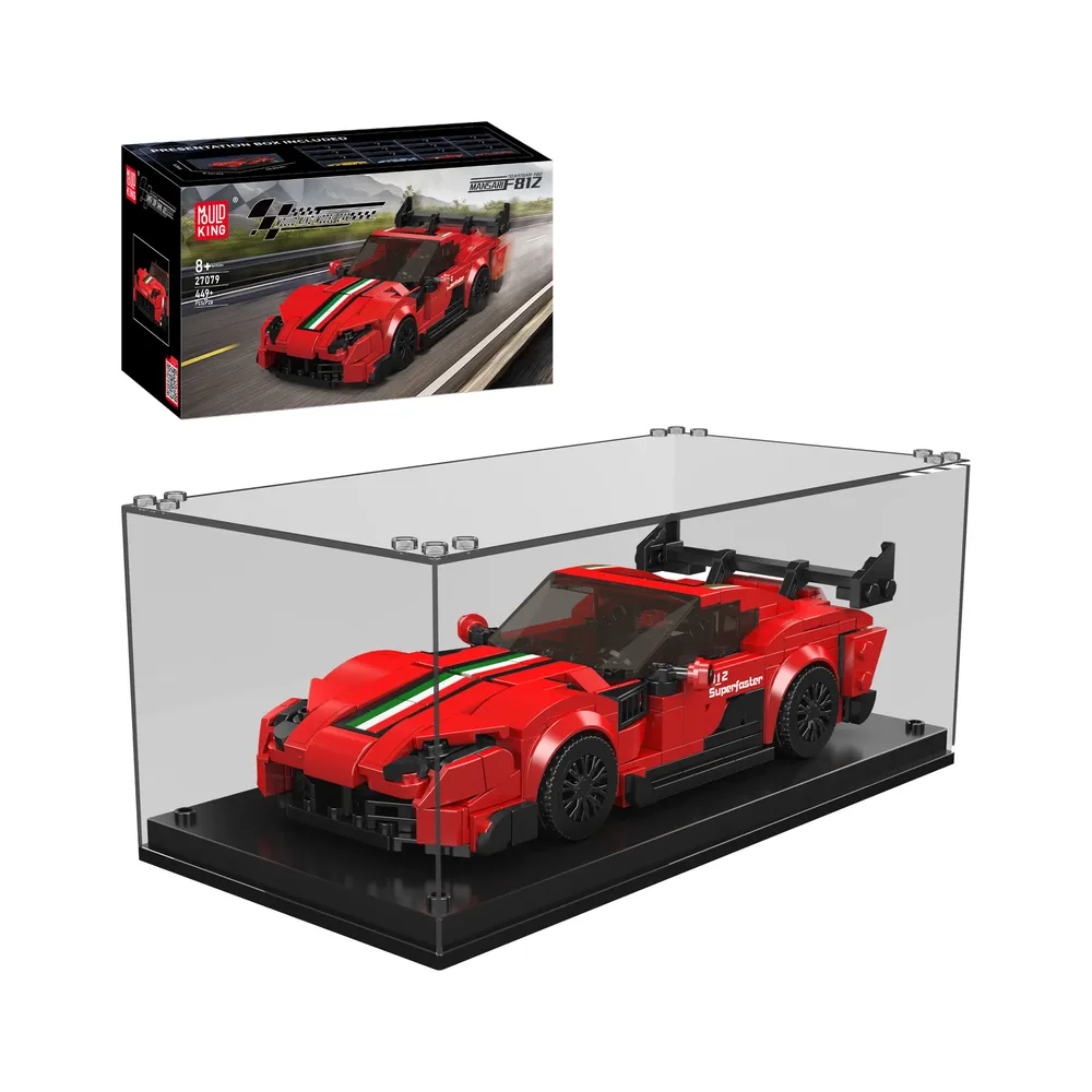 Mould King F8 1Z Supercar Model 27079 in display case with box, showing sleek red design and Italian flag stripe.