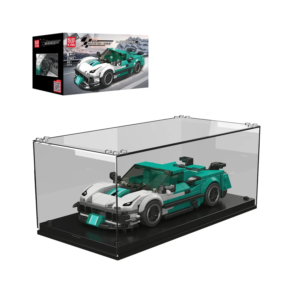 Mould King F8XX Supercar Model 27085 displayed in an acrylic case with its product box.