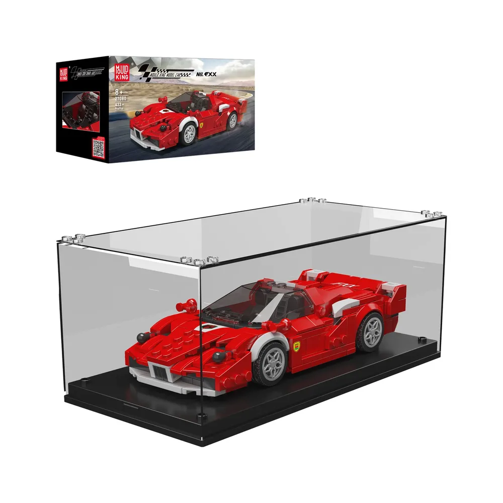 Mould King FXX Supercar Model 27080 set with box and acrylic display case, ready for assembly and display.